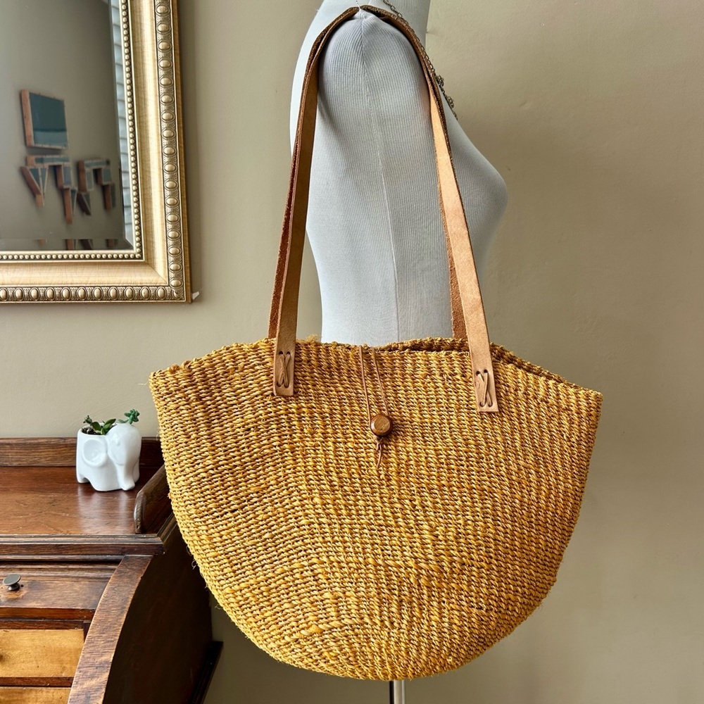 Woven Straw Tote Bag with Leather Straps - Mustard Yellow